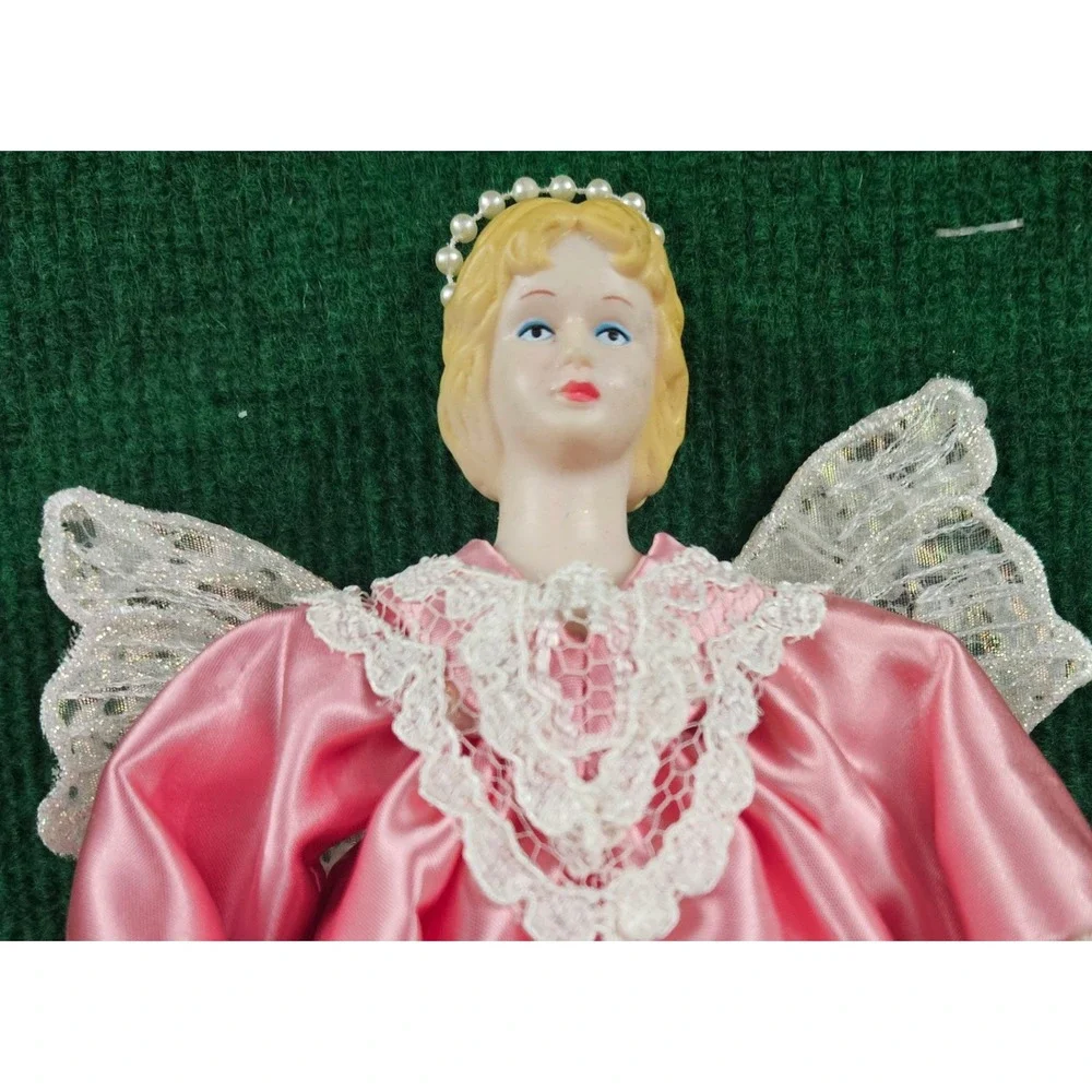 Pink Angel Doll Porcelain‎ Head Lace Wings Christmas Ornament Tree Topper